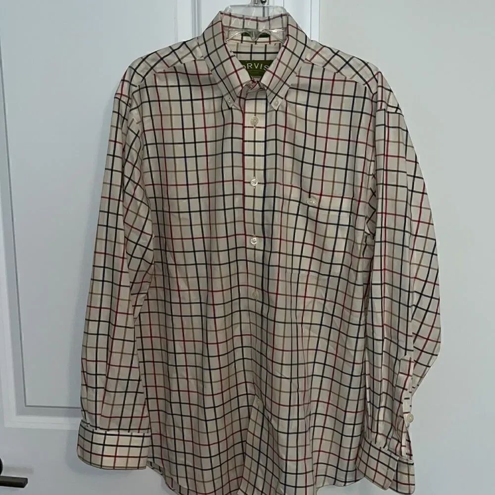 Worn collar Orvis man classic plaid field work casual pocket cotton shirt LS M